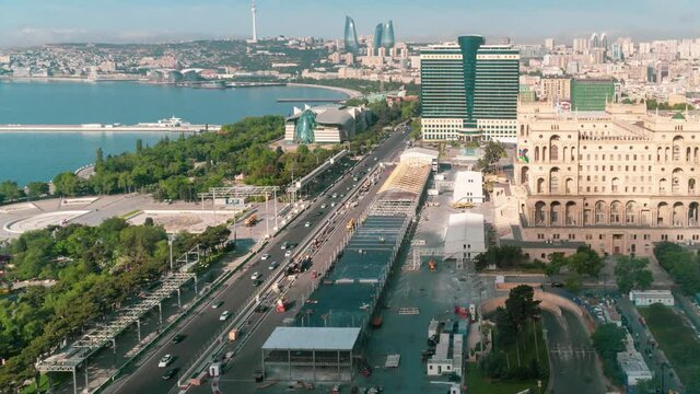 Azerbaijan, Baku - May 2018: Baku City timelapse with flame towers and parliament building