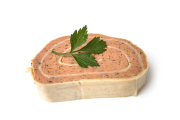 Closeup of traditional Fleischschnacka on white background