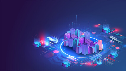 Smart city or intelligent building isometric vector concept. Building automation with computer networking illustration. Data Center Blockchain Technology. Smart city and communication network concept. © ZinetroN