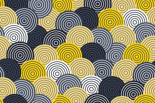 Creative fish scale seamless pattern. The combination of contemporary and ancient Asian styles. Oriental print in a bright yellow, gray, black, and white color palette. Vector textured background