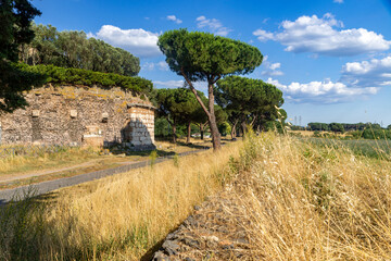 Fototapeta na wymiar Appia Antica, View of Casale Rotondo, the decorations on the brick funerary mausoleum, of the vegetation on a day of sun and clouds, an intense blue sky and maritime pines in the Roman countryside.Rom
