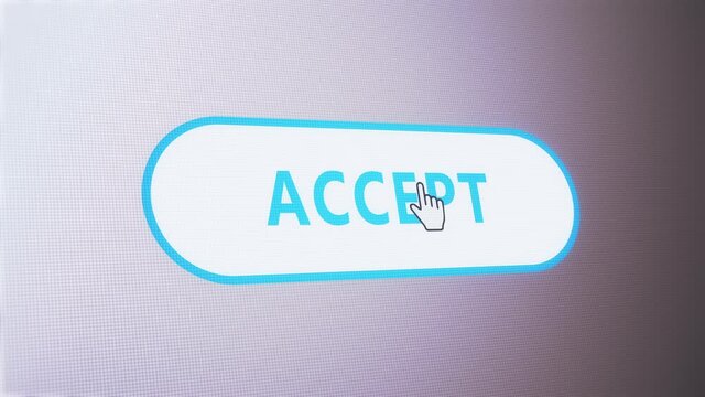 Accept button tag pressed on computer screen by cursor pointer mouse. Concept of confirm, ok, agree, enter, vote and start.