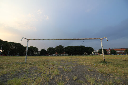 Low Angle Shot Of An Old Soccer Goal In The Field