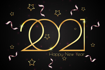 Fototapeta na wymiar Happy New Year 2021. Festive background design with text and gold stars, serpentine and lens flares.