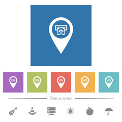 Bank ATM GPS map location flat white icons in square backgrounds