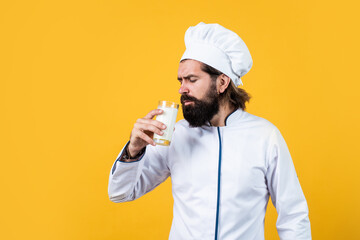 man chef in hat with beard and moustache drinking milkon yellow background, healthy only, copy space