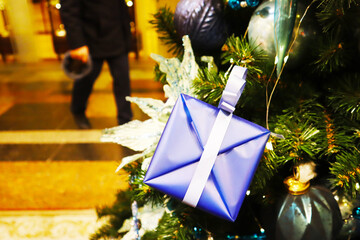 Christmas tree with new year decorations. New Year celebration. Selective soft focus. Background for postcards