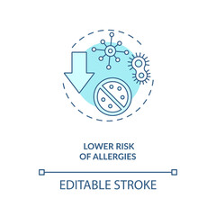 Lower risk of allergies concept icon. Breastfeeding benefits. Weaken your immune system organ. Viruses and germs idea thin line illustration. Vector isolated outline RGB color drawing. Editable stroke