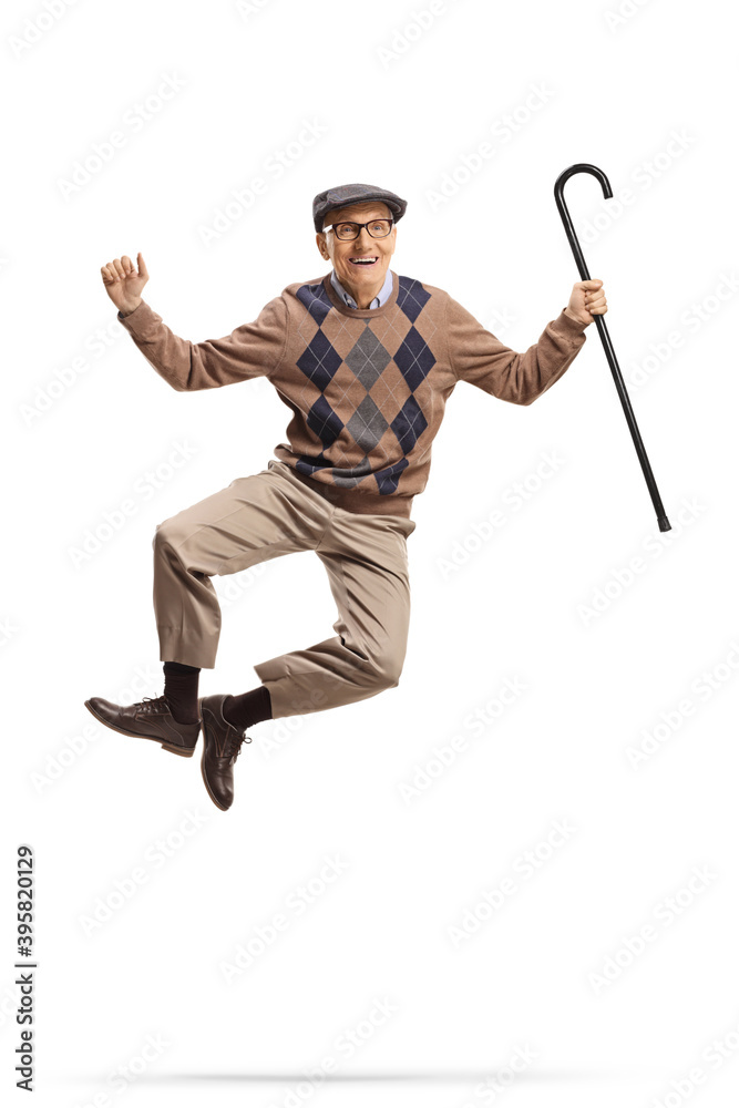 Sticker excited elderly man jumping and holding a walking cane