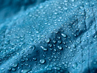 Rain water droplets on waterproof fabric.