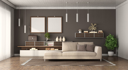 Modern living room with sofa and sideboard on background