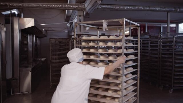 the baker prepares the bread dough to put in the oven at the bakery