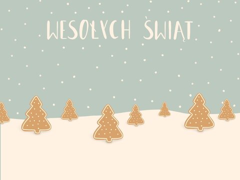 Las piernikowych choinek w śniegu z tekstem Wesołych Świąt