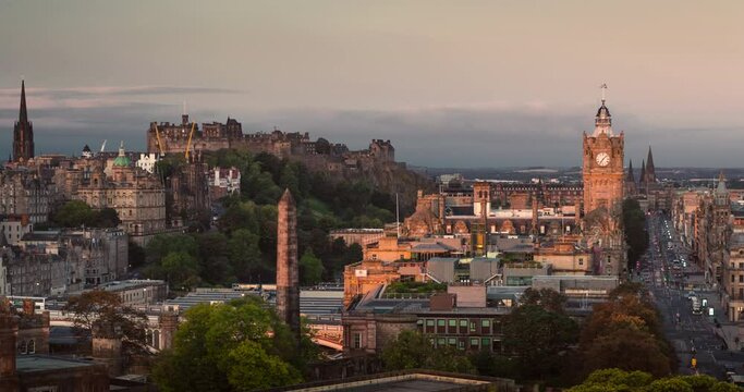 time lapse sunrise, Edinburgh city skyline from Calton Hill., United Kingdom