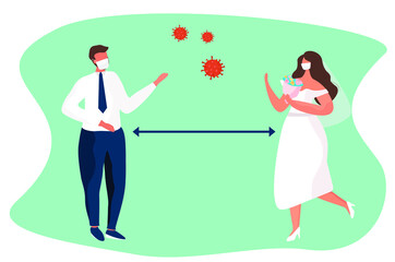 Wedding Couple Wearing Mask During Corona Pandemic.Quarantine and Social Distance.
Groom and Bride Wearing Wedding Dress in Mask on Wedding.Prevent and Stop Spread Coronavirus.Flat Vector Illustration