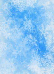 winter background of frozen window and falling snowflakes