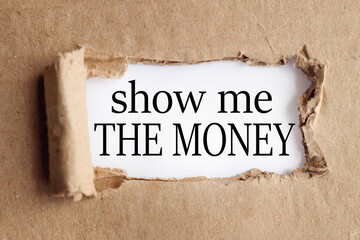 SHOW ME THE MONEY, text on white paper on torn paper background