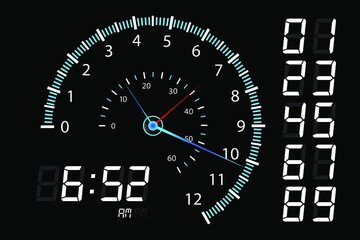 Fototapeta premium Speedometer clock. Vector illustration on black background