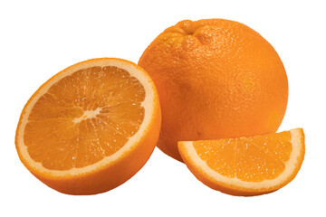Orange and sliced wedges on a white background