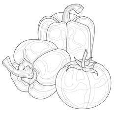 Peppers and tomato.Coloring book antistress for children and adults.Zen-tangle style.Black and white drawing