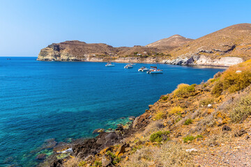 The view looking towards the Red Beach in Santorini in summertime