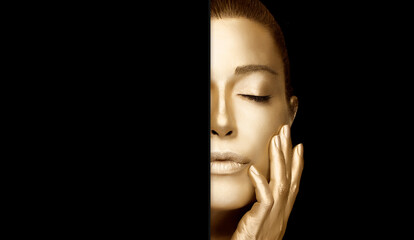 Gold skin woman. Gold based skincare concept. Golden spa treatment