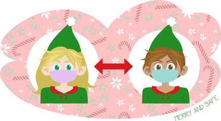 Merry and safe. Keep distance sign. Santa's little helpers. Have a safe Christmas during Covid-19 pandemic. Social distancing during holidays. Cute winter vector illustration EPS 8.