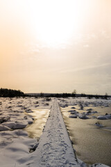 Obraz premium Hiking pathway in snowy forest sunset