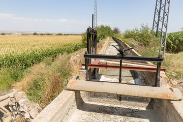 Fototapeta na wymiar sluicegates of a dry irrigation watercourse canal on a cornfield