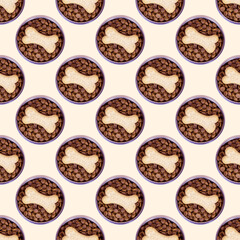 Top view of brown biscuit bones and kibble pieces for dog feed seamless repeat pattern on light beige background.
