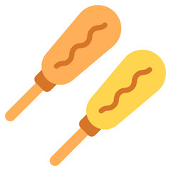
American cuisine, flat icon of corn dogs 
