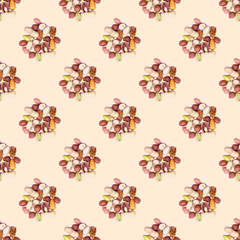 Top view flat lay different nuts repeat seamless pattern on light background.