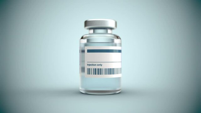 Photo-real 3D vaccine vial slowly moving into focus against a white background.