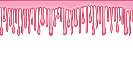 Beads of pink liquid. Custard. Red ice cream. Thick flowing paint. Slime. The drops are slipping. The isolated object on a white background. Flat cartoon style. Shine. Frame. Vector