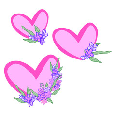 Set of fresh flowers with hearts for design. Simple elegant decoration: pink, lavander, violet, purple