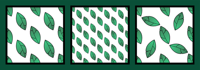 Set of three seamless natural patterns with green leaves on a white background. Freshness, organic, vegetarian concept