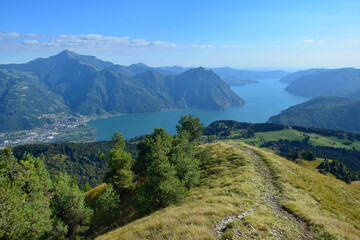 View from Mount Colombina to Lake Iseo, Mount Guglielmo and Corna Trentapassi. Bossico, Bergamo, Lombardy, Italy.