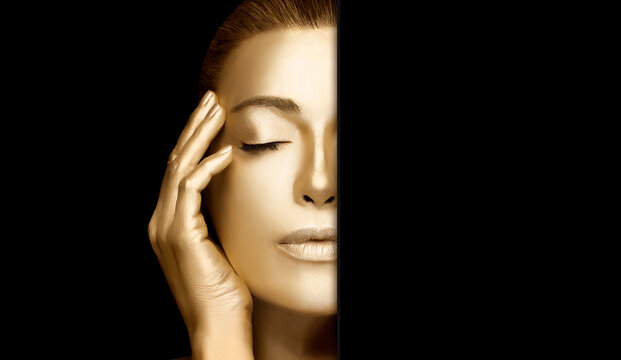 Glowing golden skin woman. 24k gold based skincare treatment concept