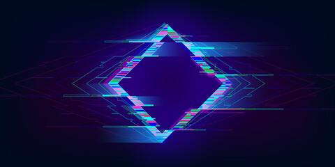 Glitch rhombus. Distorted glowing rhombus cyberpunk style. Futuristic geometry shape with TV interference effect. Design for promo music events, games, web, banners, backgrounds. Vector illustration