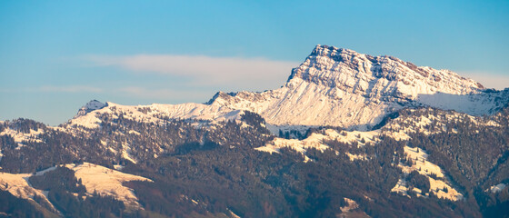 View fof the Speer mountain peak rom the shores of the Upper Zurich Lake (Obersee), Switzerland