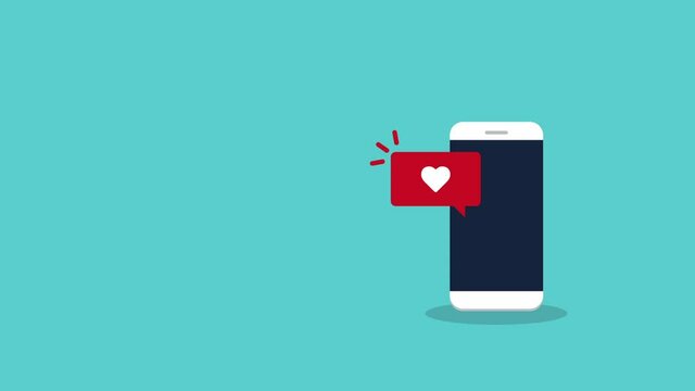 Animation of a smartphone with heart emoji speech bubble get message on screen. Social network and mobile device concept.&nbsp;