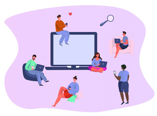 Social Media Addiction,Smartphone and Gadget Dependency.Friends Characters Tied with Mobile Phone and Laptop.Addiction to Networks and Spending Time in Internet.Flat Vector Illustration