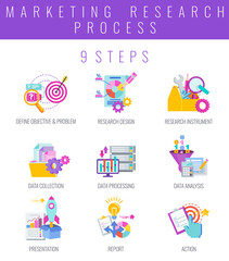 9 steps of market research flat vector icons.
