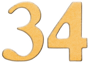 34, thirty four, numeral of wood combined with yellow insert, isolated on white background