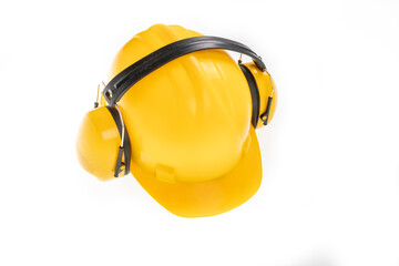 Yellow hard hat for construction workers. Protective clothing and accessories for employees.