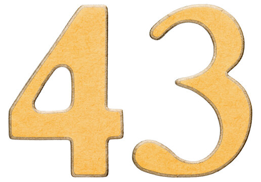 d43, forty three, numeral of wood combined with yellow insert, isolated on white background