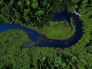 Aerial photo of a person paddling a canoe in the ontario highlands in Ontario, Canada