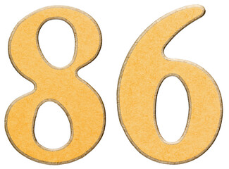 86, eighty six, numeral of wood combined with yellow insert, isolated on white background