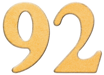 92, ninety two, numeral of wood combined with yellow insert, isolated on white background