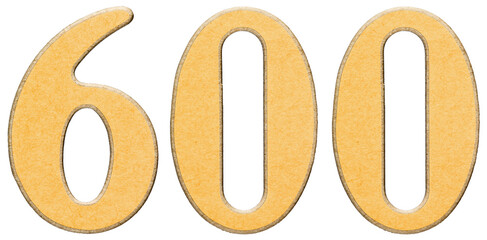 600, six hundred, numeral of wood combined with yellow insert, isolated on white background